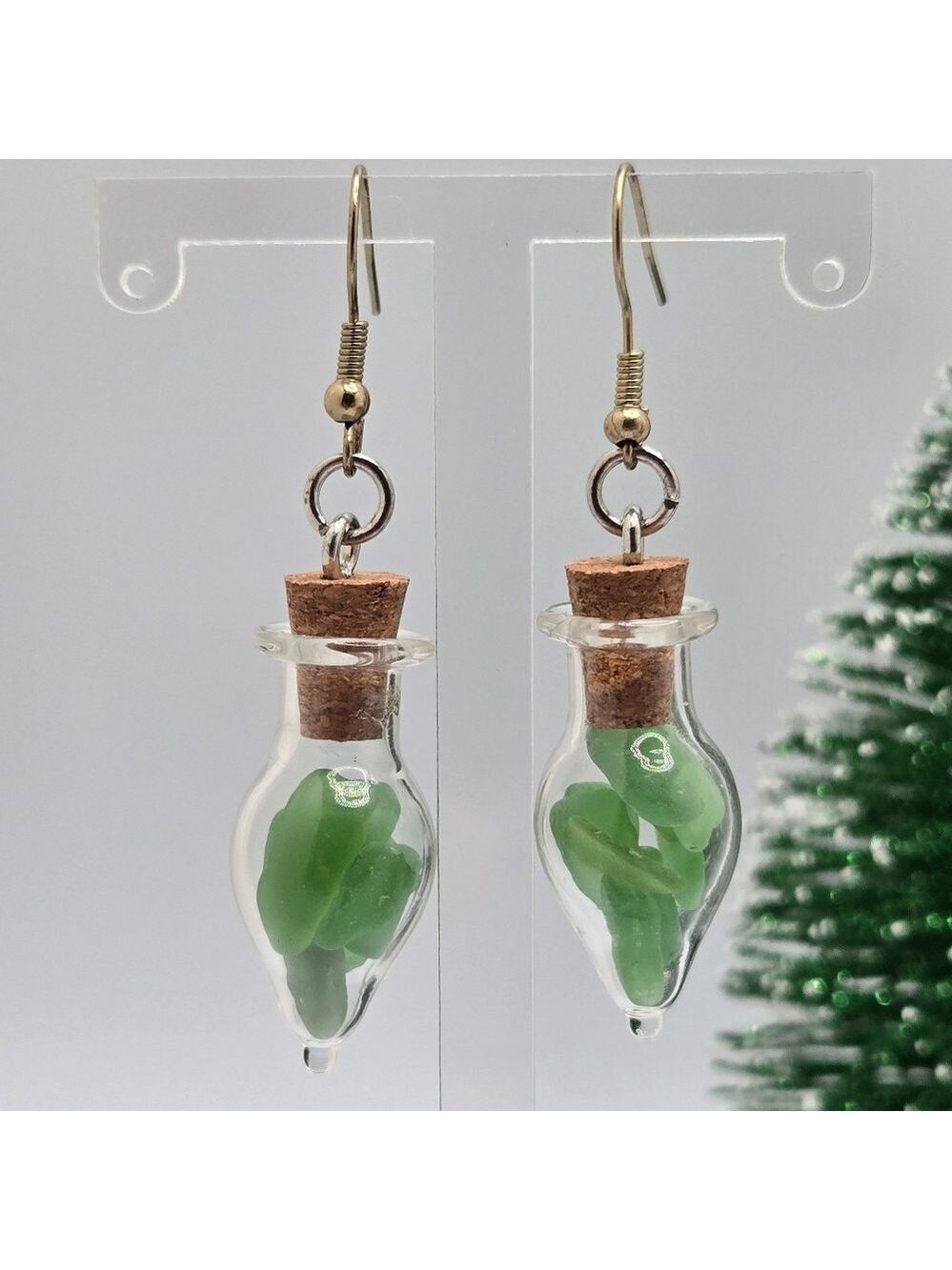 Handmade Moss-in-a-Bottle Dangle Earrings Glass Vials Potion Style New